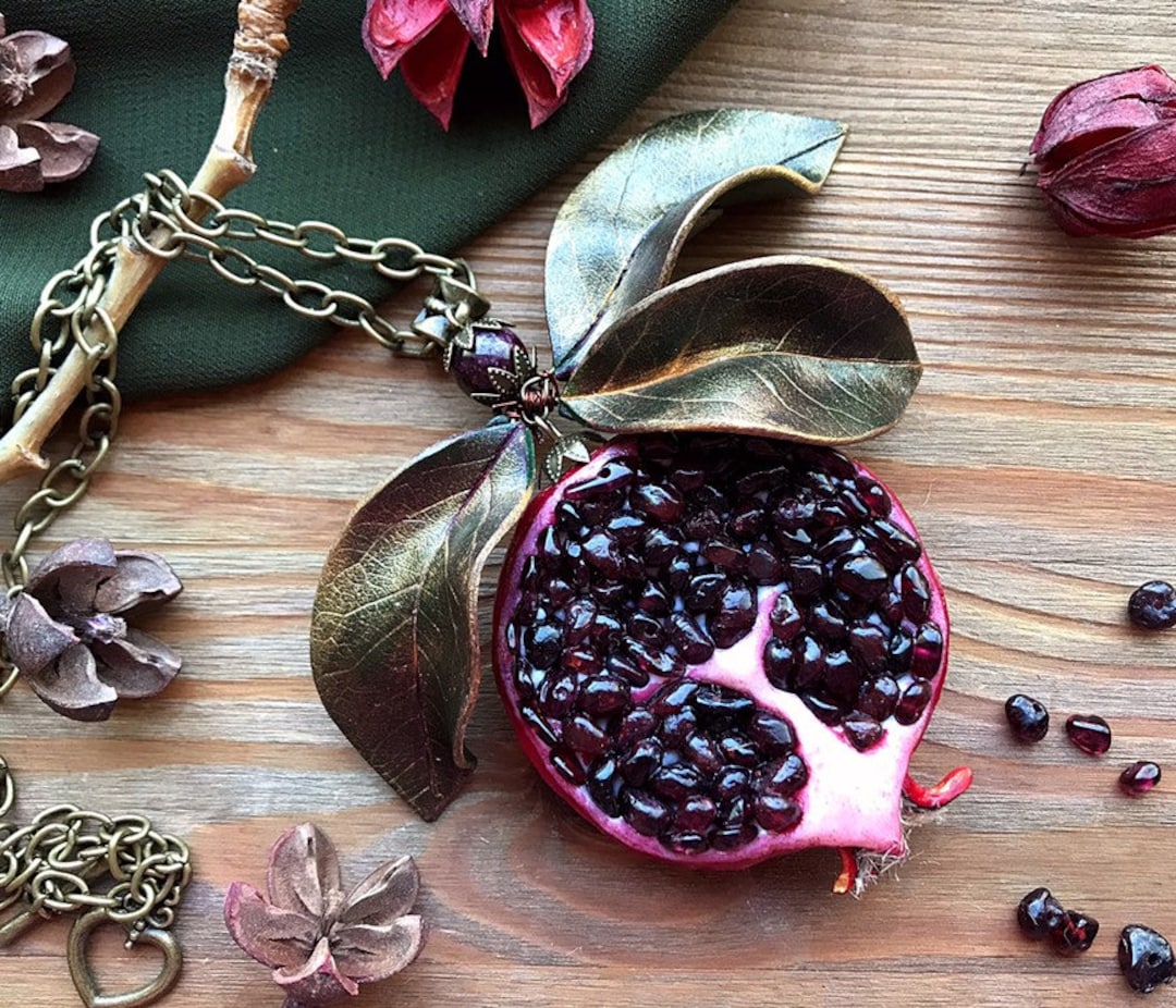 Garnet pomegranate necklace with leaves Red garnet jewelry Art Food Fruit pendant Gardenian Botanical Statement jewelry January birthstone
