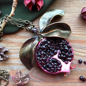 Garnet pomegranate necklace with leaves Red garnet jewelry Art Food Fruit pendant Gardenian Botanical Statement jewelry January birthstone