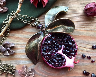 Garnet pomegranate necklace with leaves Red garnet jewelry Art Food Fruit pendant Gardenian Botanical Statement jewelry January birthstone