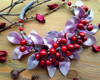 Cherry statement necklace Gray Ruby red Pink Berry necklace Bright chunky jewelry Vegan Botanical Garden necklace Holiday necklace for mom