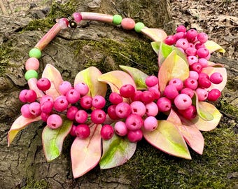 Spring colors berry necklace with leaves. Blossom shades jewelry. Statement pink and green necklace . Botanical blooming garden