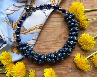 Blueberry choker with lapis lazuli & hematite Blue Silver short necklace Perfect choker Forest Vegan jewelry gift Rustic wedding jewellery