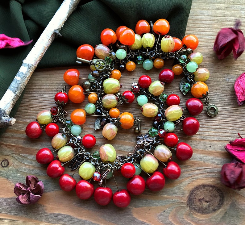 Red Cherry Gooseberry bracelet with onyx & coral Summer berry bright jewelry Garden Nature Botanical Vegan jewellery Chunky charm bracelet image 10