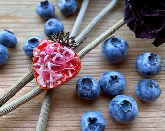 Strawberry ring with Rhinestone Rock Crystal Cocktail ring Large Fruit Summer Berry  jewellery Unusual big Red ring Vegan gif