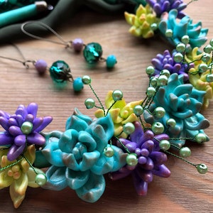 Mint Lilac Succulent necklace & earrings OOAK Statement necklace Plant botanical necklace Pastel colors jewelry Unique mom wife jewelry gift image 5