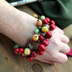 Red Cherry Gooseberry bracelet with onyx & coral Summer berry bright jewelry Garden Nature Botanical Vegan jewellery Chunky charm bracelet image 3