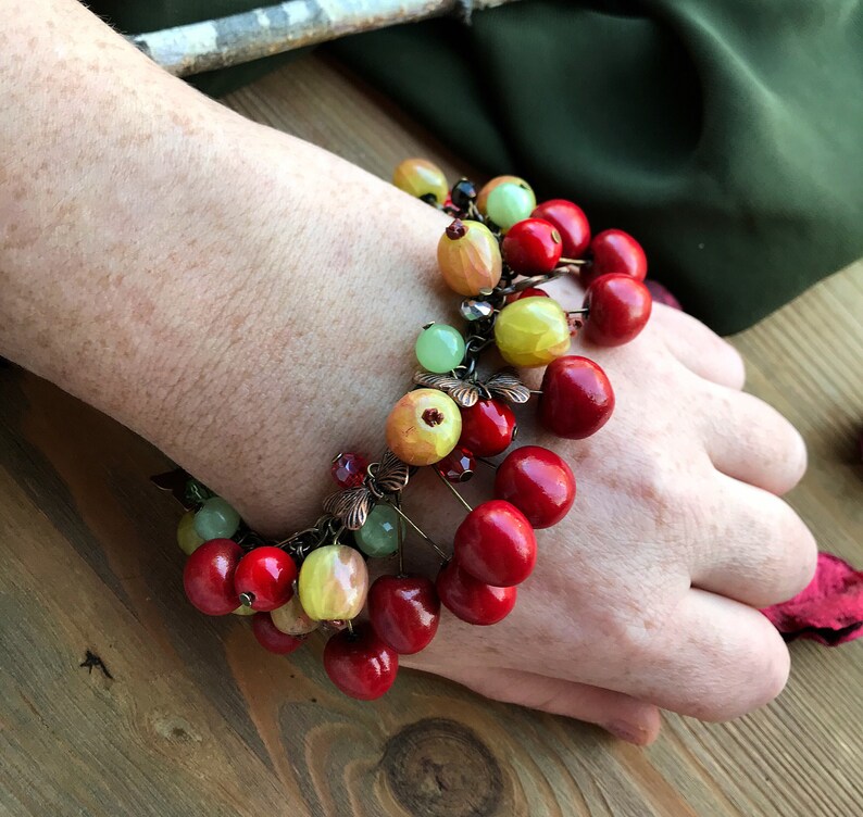 Red Cherry Gooseberry bracelet with onyx & coral Summer berry bright jewelry Garden Nature Botanical Vegan jewellery Chunky charm bracelet image 3