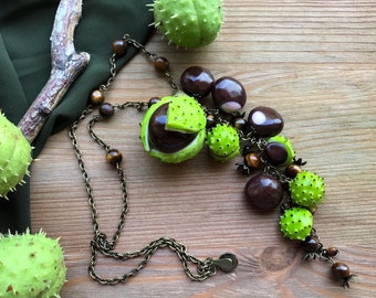 Fall Conkers Horse Chestnut necklace Long green necklace with tiger eye Buckeye jewelry Autumn jewelry gift Botanical Plant Woodland jewelry