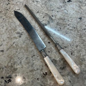 Vintage Carving Set – Knife & Sharpening Steel with Mother-of-Pearl Handles and Sterling Silver Band