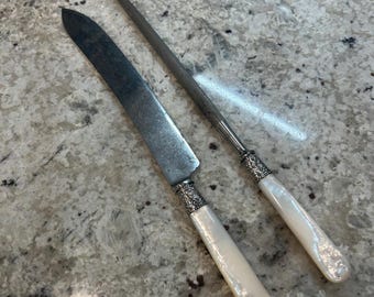 Vintage Carving Set – Knife & Sharpening Steel with Mother-of-Pearl Handles and Sterling Silver Band
