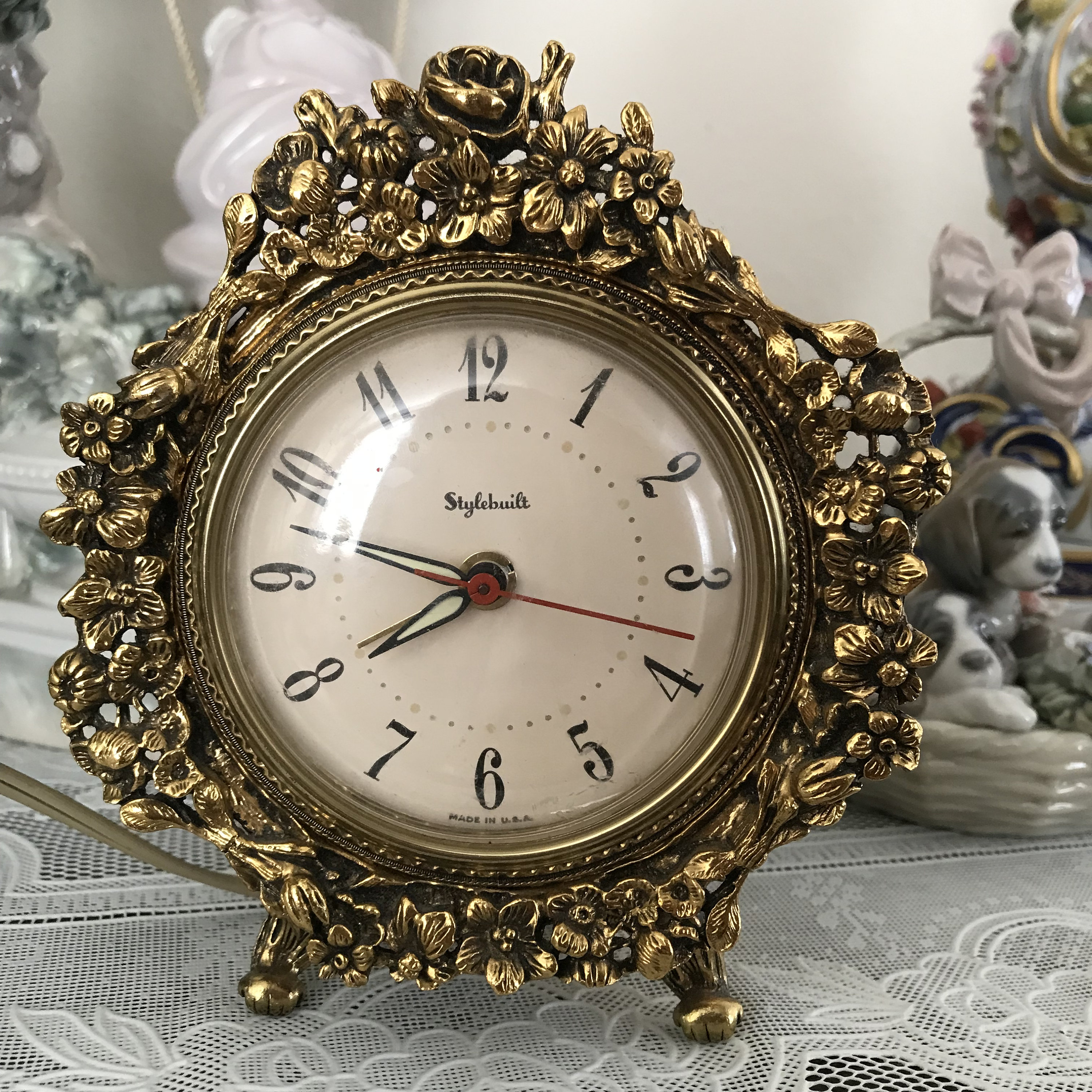 SALE vintage stylebuilt vanity clock in floral rose pattern