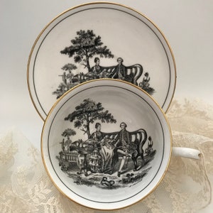 Royal Chelsea courting couple black and white tea cup and saucer