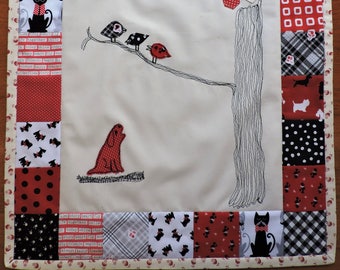 Quilt wall hanging, Dog and birds wall decor, quilted wall art