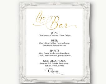 Gold Wedding Bar Menu Sign ~ Drinks Sign ~ Reception Sign ~ Menu Printable Sign ~ Editable Template ~ Instant Download PDF ~ 110G