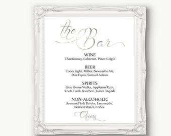 Silver Wedding Bar Menu Sign ~ Drinks Sign ~ Reception Sign ~ Menu Printable Sign ~ Editable Template ~ Instant Download PDF ~ 110S