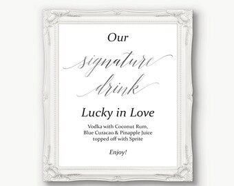 Silver Signature Drink Sign ~ Menu Sign ~ Wedding Reception Sign ~ Printable Bar Sign ~ Editable Template ~ Instant Download PDF ~ 120S