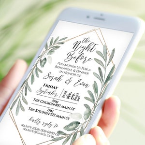 Wedding Rehearsal Dinner Invite, The Night Before Electronic Invitation, Evite, Digital, Text Message, Gold and Greenery, Template CEDAR-N4 image 1