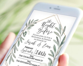 Wedding Rehearsal Dinner Invite, The Night Before Electronic Invitation, Evite, Digital, Text Message, Gold and Greenery, Template CEDAR-N4