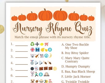 Pumpkin Emoji Nursery Rhyme Quiz ~ Pumpkin Theme Baby Shower Game ~ Gender Neutral Baby Shower  ~ Printable Game  34Pumpkin