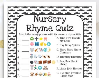 Mustache Theme Nursery Rhyme Quiz, Baby Shower Game, Baby Boy Printable Template, Baby Shower Game  70Mustache