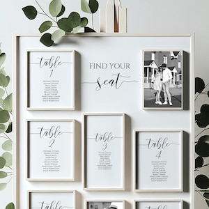 seating chart board with table cards on an easel.  Large board on easel displaying smaller frames with each seating table card displaying the table number guest names for each table at the event. The chart also displays two photos of the couple.