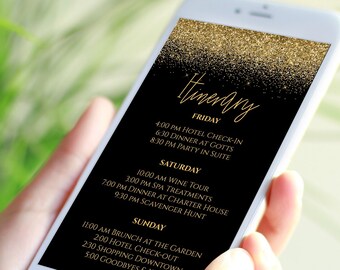 Gold Sparkle Itinerary, Hen Party, Electronic Invitation, Bachelorette, Bridal Shower, Glitter Event, Editable Template, PPW90GoldBlack