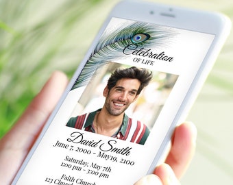 Peacock Feather Memorial Evite, Celebration of Life, Mobile Invitation, Electronic Announcement, Editable Corjl PPF4