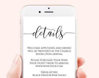 Event Details, Bachelorette, Wedding, Family Reunion, Electronic Info, Email Details, Editable Text, 100% Editable, Corjl PPW0550 Grace