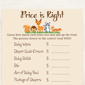 Price is Right Baby Shower Game ~ Woodland Animal Baby Shower Game ~ Gender Neutral Theme ~ Printable Game 0046