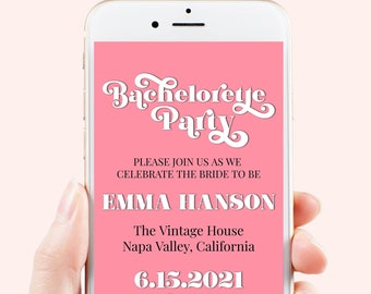 Pink Retro Bachelorette Party Evite, Hen Party, Electronic Invitation, Bridal Shower, Modern Retro, 100% Editable Template, Corjl PPW70W