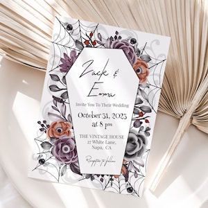 Gothic Floral Wedding InvitationTemplate, Halloween Wedding, Coffin, Spider Web Theme Wedding PPW751 BLAIR