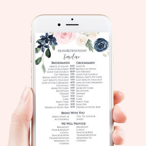 Wedding Party Timeline, Electronic Itinerary, Evite, Digital, Text Invite, Editable Text, Navy and Pink Floral, Corjl Template  PPW265 OLEA