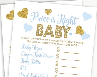 Glitter Baby Price is Right ~ Blue and Gold Baby Shower ~ Baby Boy Hearts ~ Printable Game 5GL_BG