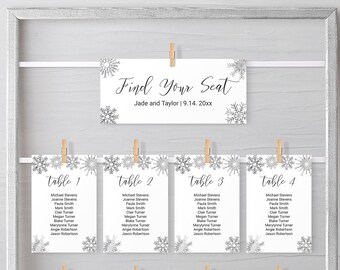 Table Seating Card Template, Silver Winter Seating Chart, Pick a Seat Snowflakes Wedding Printable, Editable Tables Display Sign JOY 22H930