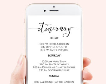 Itinerary, Bachelorette, Wedding, Family Reunion, Electronic Schedule, Email Itinerary, Editable Text, 100% Editable, Corjl PPW0550 Grace