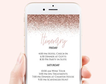 Bachelorette Weekend Itinerary, Hen Party, Electronic Invitation, Bridal Shower, Rose Gold Glitter, 100% Editable Template, PPW90 PPW92