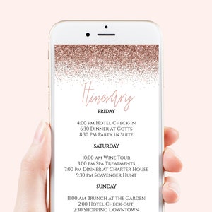 Bachelorette Weekend Itinerary, Hen Party, Electronic Invitation, Bridal Shower, Rose Gold Glitter, 100% Editable Template, PPW90 PPW92