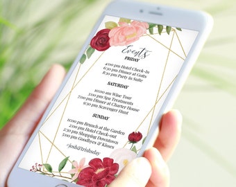 Itinerary, Pink Wedding, Bachelorette, Out of Town Guest, Family Reunion, Electronic, Floral, Mobile Phone Format, 100% Editable PPW0230