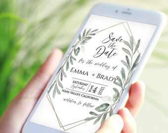 Save the Date, Electronic Invitation, Evite, Digital, Text Message, Editable Phone Invite, Gold and Greenery, Editable Template CEDAR-N4