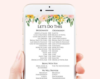 Wedding Party Timeline, Electronic Itinerary, Evite, Digital, Text Invite, Editable Text, Blush and Pink Floral, Corjl Template PPW232