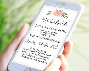 Wedding Rescheduled Announcement, Pink Floral Rescheduled Digital Information,Text Message, Cancellation, Postponement, Editable PPW0230