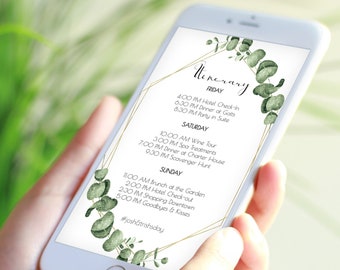 Itinerary, Greenery Wedding, Bachelorette, Out of Town Guest, Family Reunion, Electronic, Gold Frame, Email Format, 100% Editable PPW0445