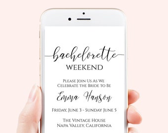 Bachelorette Weekend Evite, Hen Party, Electronic Invitation, Bridal Shower, Editable Text, 100% Editable Template, Corjl PPW0550 Grace