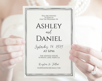 Simplistic Modern Silver Wedding Invitation, Elegant Invite, Foil Silver Framed Card, Editable WeddingTemplate, Corjl PPW-NY21S