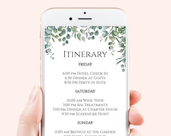 Itinerary, Greenery Wedding, Bachelorette, Out of Town Guest, Family Reunion, Electronic Schedule, Email Format, 100% Editable Corjl PPW0440