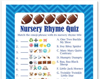 Football Theme Nursery Rhyme Quiz, Blue Baby Shower Game, Stripe Baby Boy Printable Template, Baby Shower Game  56Football