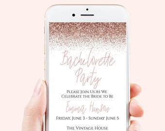 Bachelorette Weekend Evite, Hen Party, Electronic Invitation, Bridal Shower, Rose Gold Glitter, 100% Editable Template, Corjl PPW90 PPW92