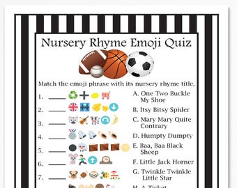 Emoji Kinderliedje Quiz, Sport Thema, Voetbal, Honkbal, Voetbal, Basketbal, Scheidsrechter Stripe, Baby Shower Afdrukbare 50Sport