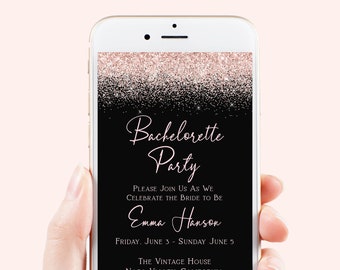 Bachelorette Weekend Evite, Hen Party, Electronic Invitation, Bridal Shower, Blush Pink Glitter, 100% Editable Template, Corjl PPW90 PPW92