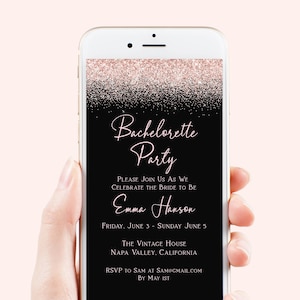 Bachelorette Weekend Evite, Hen Party, Electronic Invitation, Bridal Shower, Blush Pink Glitter, 100% Editable Template, Corjl PPW90 PPW92